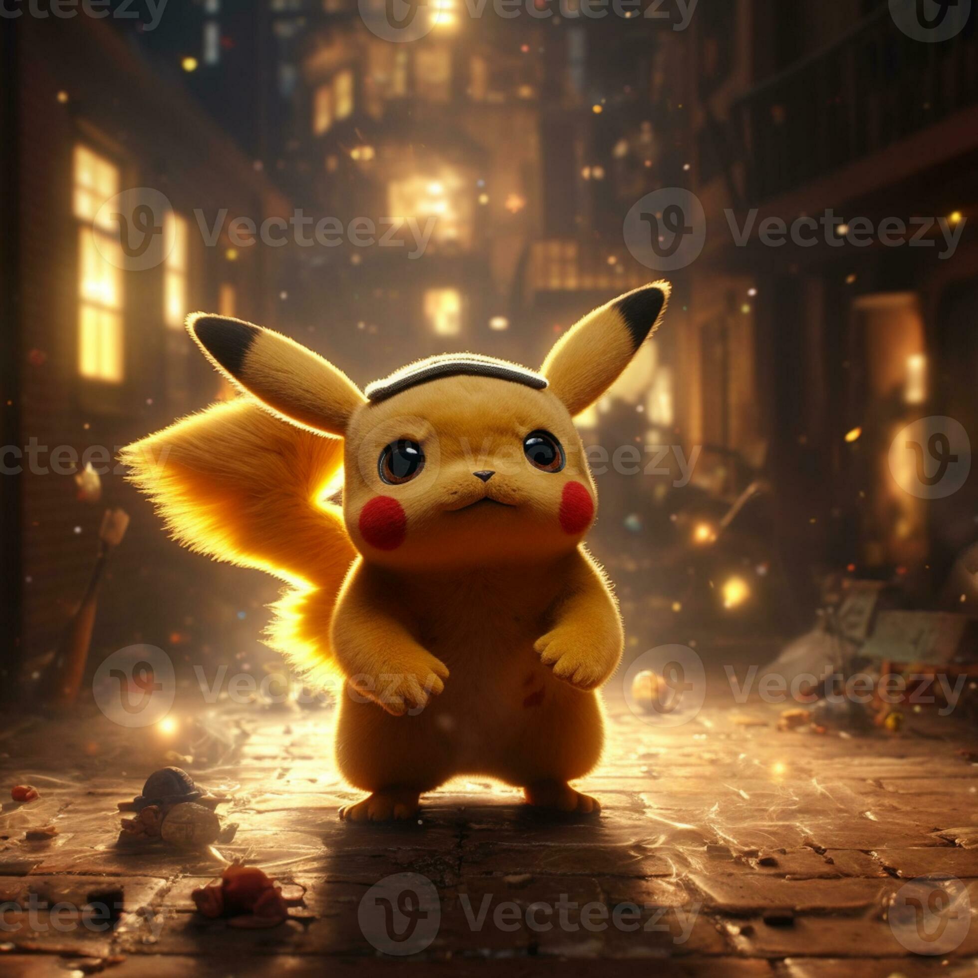 Pokémon Pikachu é em pé dentro uma Sombrio beco com uma cidade dentro a  fundo. generativo ai. 28430973 Foto de stock no Vecteezy
